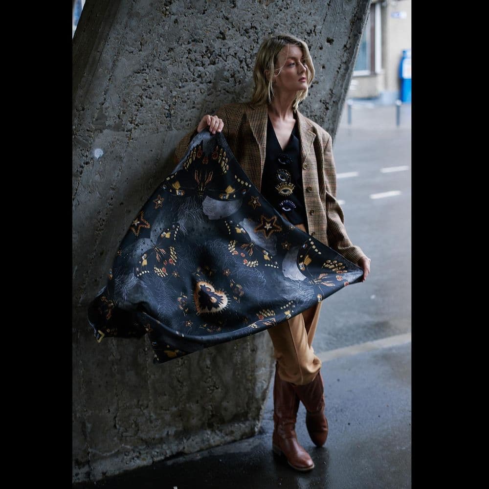 Square Silk Scarf Black Butterfly - Image 3